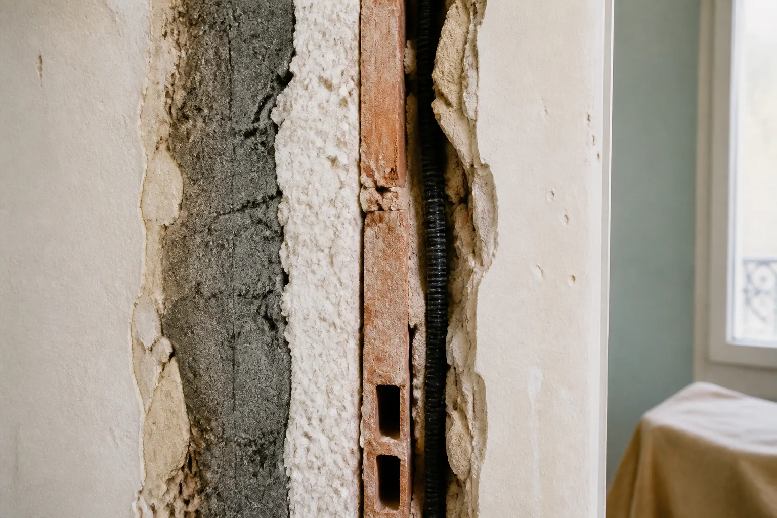 Paroi ouverte montrant enduit, maçonnerie, isolant et conduit
