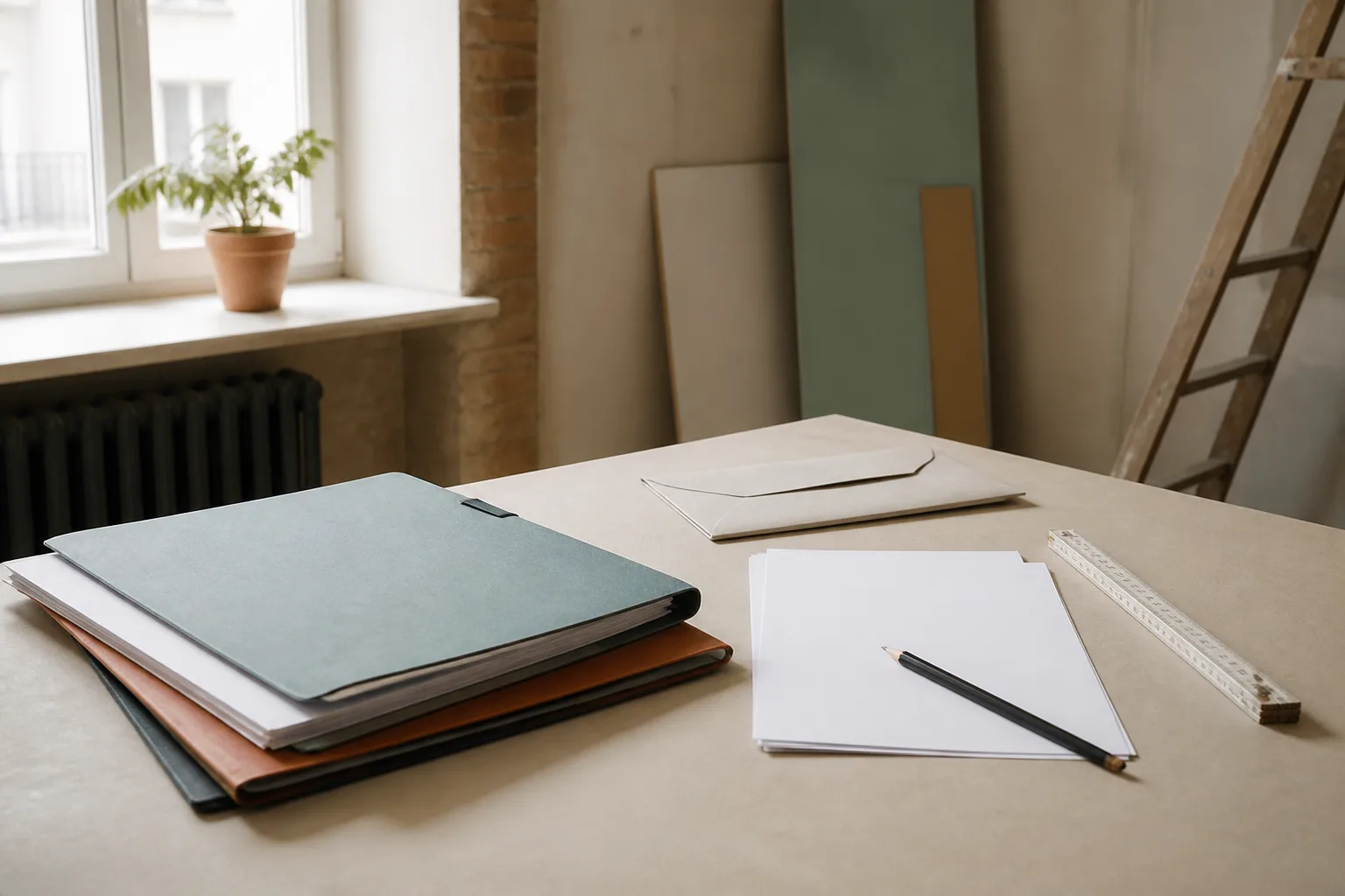 Dossier papier vierge, enveloppe, règle et crayon sur un bureau clair