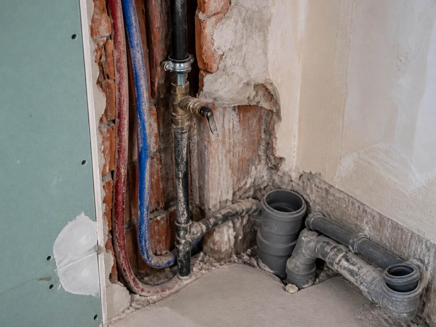 Vue rapprochée d’un pommeau de douche chromé couvert de traces de calcaire blanches, posé sur un rebord de baignoire en faïence, lumière naturelle latérale.