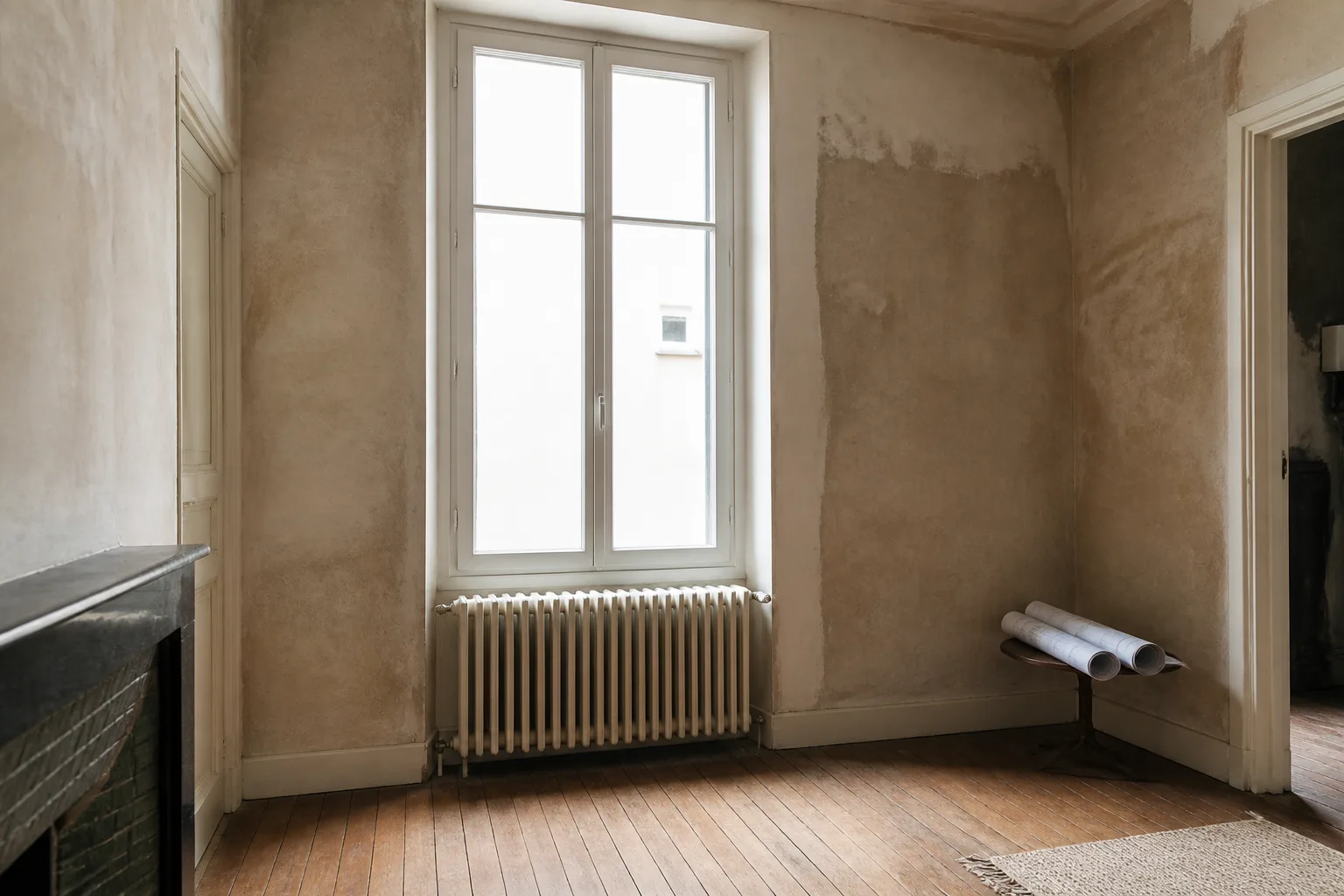 Intérieur ancien avec grande fenêtre, parquet, radiateur et plan plié