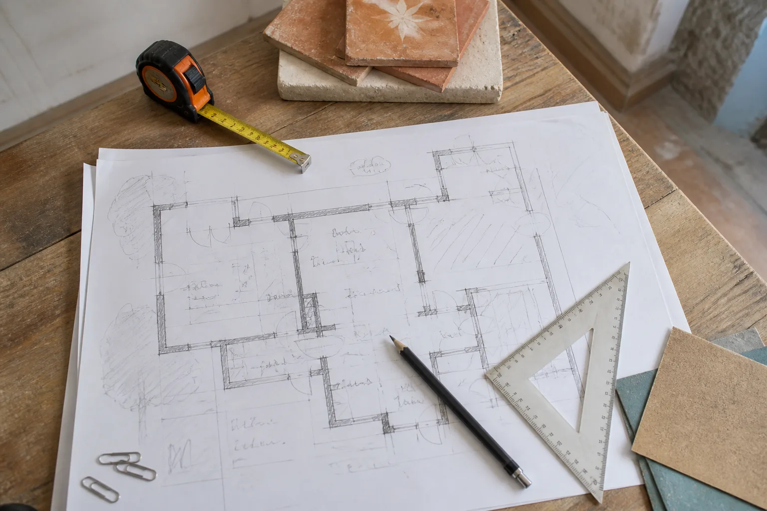 Plan de rénovation annoté avec crayon, règle triangulaire et mètre