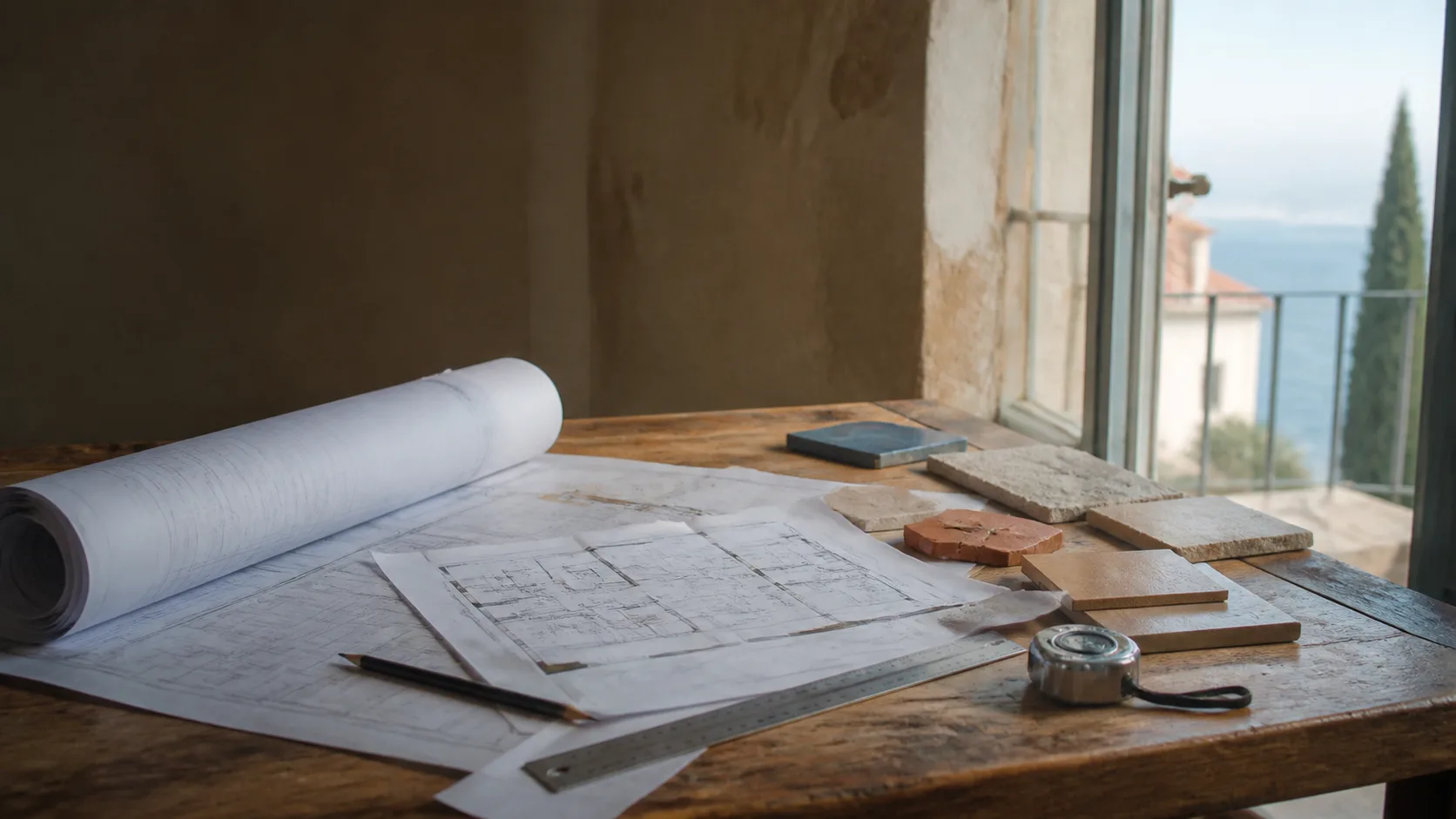 Un établi en bois éclairé par une lampe d’architecte, avec un pinceau plat, un coton-tige imbibé d’alcool et une loupe posés près d’un petit panneau de bois.