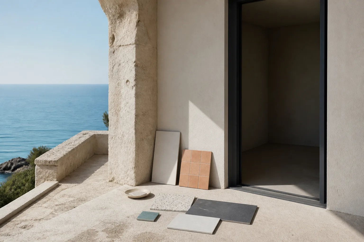 Détail d’une terrasse méditerranéenne en pierre avec échantillons de céramique