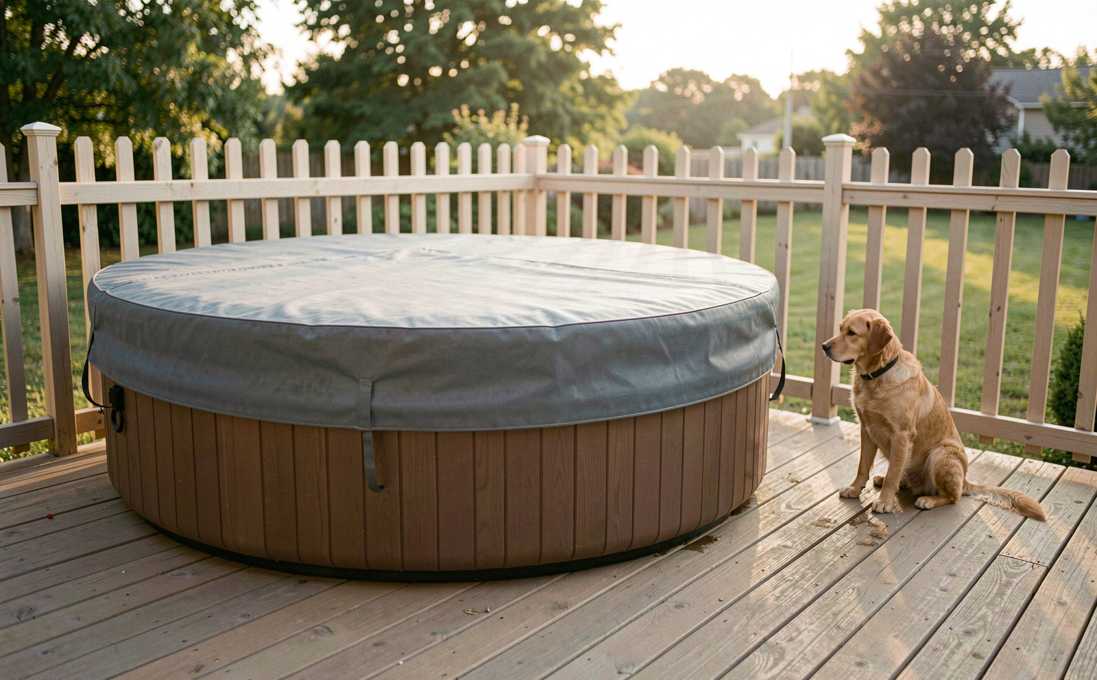 Un spa gonflable rond installé sur une terrasse en bois, couvercle fermé, entouré d'une grille légère, un chien assis à distance sur le côté, lumière douce de fin d'après-midi, cadrage large au niveau du sol.