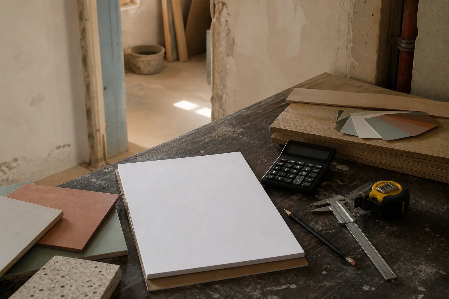 Un bureau de chantier en fin de matinée, lumière naturelle latérale : sur la table, un alvará imprimé, un devis annoté au stylo et un carnet de notes ouvert,.