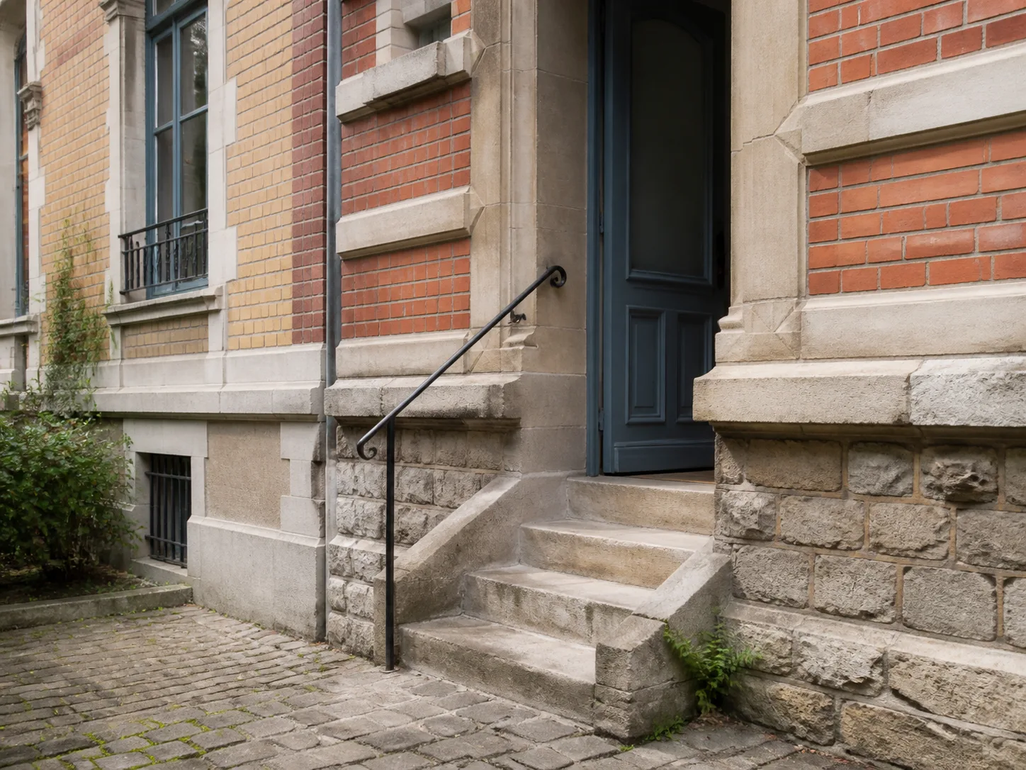 Entrée d’immeuble en brique avec seuil en pierre et garde-corps